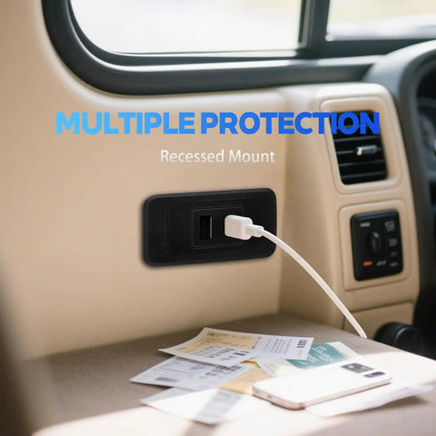 Road Certified Two Pack Rv Usb Outlet 12V 24V Wall Mount Dual Type A And C Fast Charger installed in vehicle interior.