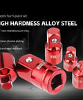 Premium Impact Socket Adapter Set In 1/4 3/8 And 1/2 Inch Sae Sizes For Super Strong Conversion With Cr V Steel Build Perfect Garage Tool Kit. Red alloy steel 5-piece socket adapter set with chrome plating and ball lock, shown in 1/4, 3/8, 1/2 sizes.