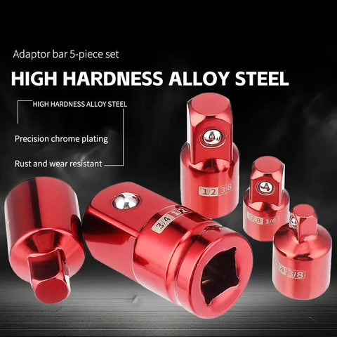 Premium Impact Socket Adapter Set In 1/4 3/8 And 1/2 Inch Sae Sizes For Super Strong Conversion With Cr V Steel Build Perfect Garage Tool Kit. Red alloy steel 5-piece socket adapter set with chrome plating and ball lock, shown in 1/4, 3/8, 1/2 sizes.