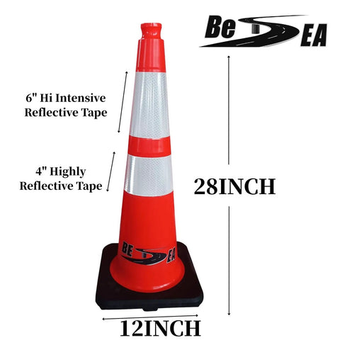 Orange traffic cone with 6" and 4" reflective tape, part of Six Pack 28 Inch Traffic Safety Cones Orange Heavy Duty Construction Cone Set.