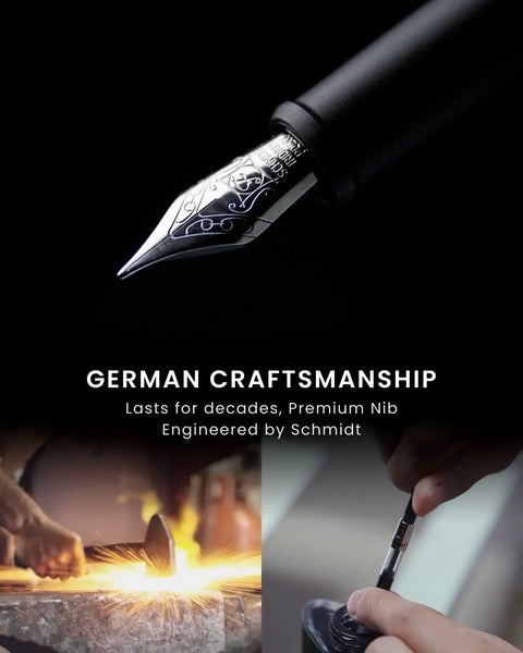 Close-up of Schmidt nib from Hoverpen Future Luxury Fountain And Rollerball Pen Gift Set, showcasing German craftsmanship.