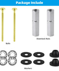 Universal Toilet Seat Bolts Kit, 2 Pack with brass bolts, stainless downlock nuts, washers, and gaskets displayed