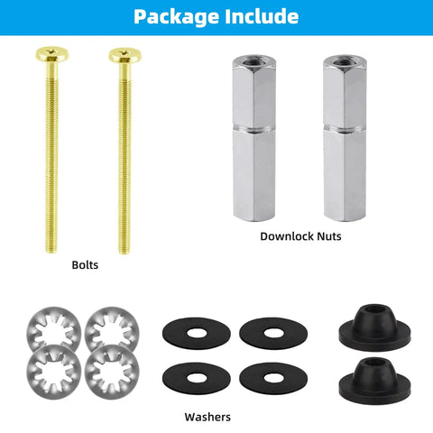 Universal Toilet Seat Bolts Kit, 2 Pack with brass bolts, stainless downlock nuts, washers, and gaskets displayed