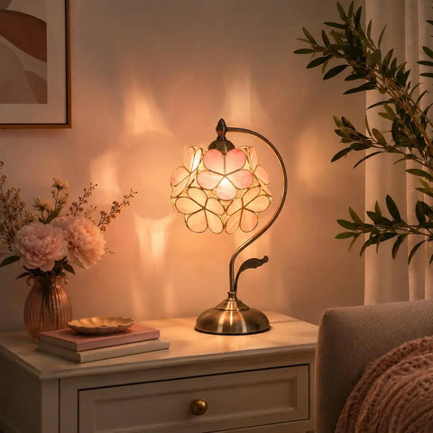 Chic Vibe Stained Glass Tiffany Style Flower Petal Table Lamp With Brass Base For Home Decor Pink 8 Inch Shade 17 Inch Tall Cherry Blossom Handmade Lighting Fixture on a nightstand