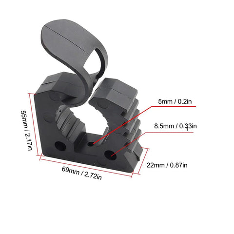Heavy Duty Rubber Clamp Mount For Roof Rack Shovel Holders Four Pack, close-up of black rubber clamp with dimensions labeled