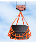 Heavy Duty Hoisting Net Built Tough For Seamless Cargo Hauling Rock Solid Lifting Straps lifting black tires with orange straps.