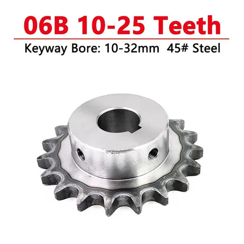 Sturdy Industrial 06B Drive Sprocket Gear Made From Premium 45# Steel With 10 To 25 Teeth Options And 32mm Max Bore For Heavy Duty Chain Drives Featuring Keyway Fitment Perfect For Rigged Machinery Repairs Now showing a close-up of the gear.