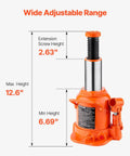 Front view of orange VEVOR hydraulic bottle jack with long handle; height range 6.69–12.6 inches.