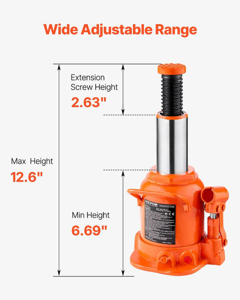Front view of orange VEVOR hydraulic bottle jack with long handle; height range 6.69–12.6 inches.