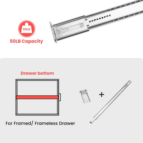 Heavy Duty 16 Inch Center Mount Drawer Slides Track With Silent Ball Bearings, Cold Rolled Steel, Zinc Plated Finish For Smooth Quiet Operation, 2 Pack, 50 lb capacity