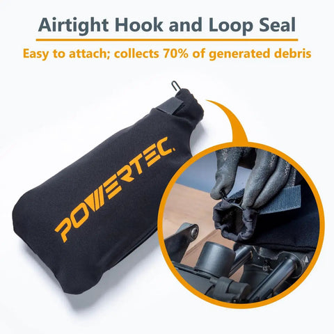 Replacement Miter Saw Dust Bag For 7-1/4 And 8-1/2 Inch Saws With 1-1/2 Inch Dust Ports, shown with hook and loop seal.