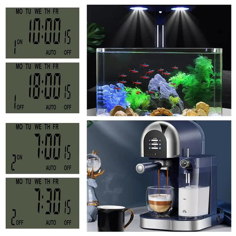 Slick Digital Plug In Timer Socket Featuring A Spacious Lcd Screen And Super Easy Push Button Programming For Hella Energy Savings With Ip20 Safety Ratings For Everyday Home Use, showing timer settings, aquarium, and coffee machine.