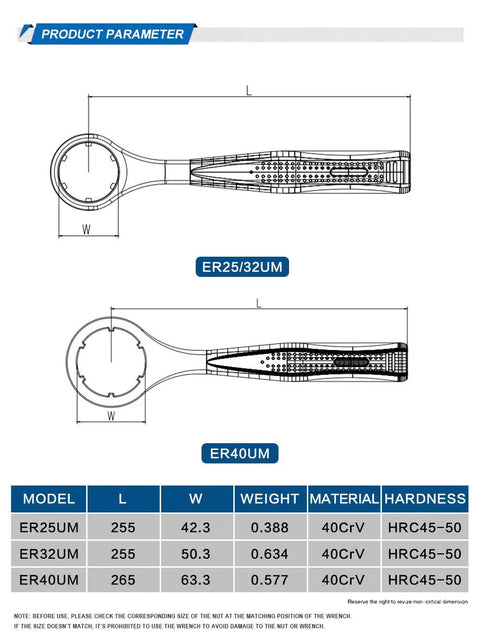 Technical drawing of ER25/32UM and ER40UM collet nut wrench with product parameters including size and hardness specifications.