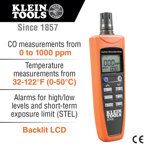 ET110 CO Meter And Carbon Monoxide Tester With Short Term Exposure Limit Alarm, orange portable detector detail view