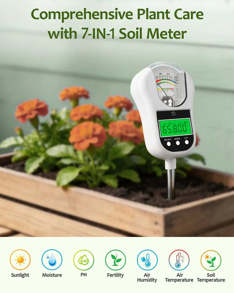 7 In 1 Soil Test Kit With Moisture, PH, Light Intensity, Fertility, Temperature, Humidity And Air Temperature Readouts, Dual Large Display For Garden, Lawn, Farm, Indoor And Outdoor Plants, Warm White in planter