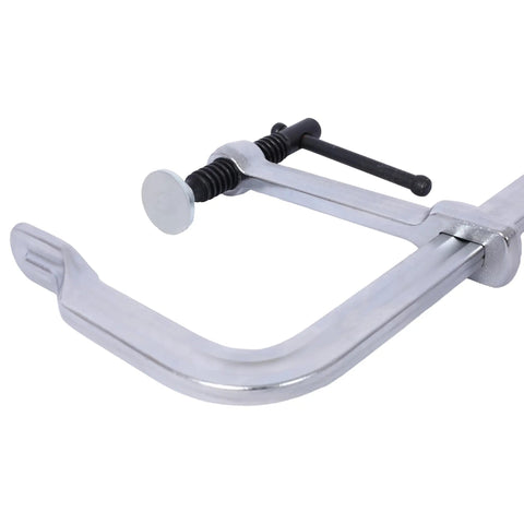 Heavy Duty Drop Forged Steel F Clamps 1400 Lbs Force 12 Inch Jaw Opening 4-3/4 Inch Throat Depth Pack Of 4 close-up of clamp.