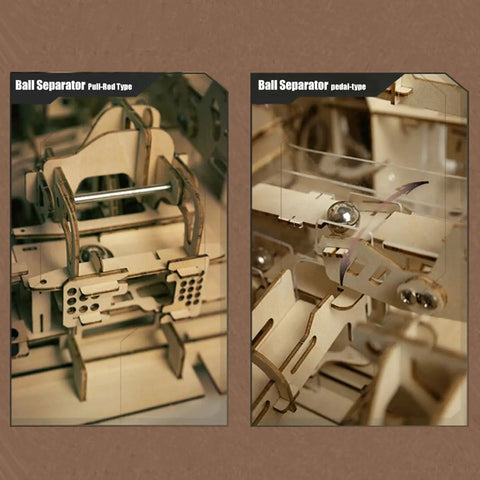 Close-up of 0.55 Inch Mechanical Marble Run Model And 3D Wooden Puzzle With Electric Motor, showing ball separators.