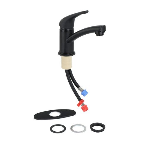 Single Lever Bathroom Faucet With Extended Roman Spout And Blade Handle In Black Matte, One-Hole Install With Mounting Ring, 5-Inch Reach