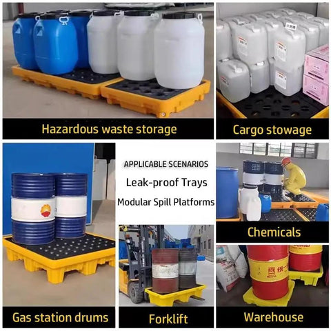 Leakproof Polyethylene Spill Containment Platform Pallet For Oil Drums And Chemicals With Flat Top Grating Yellow And Black