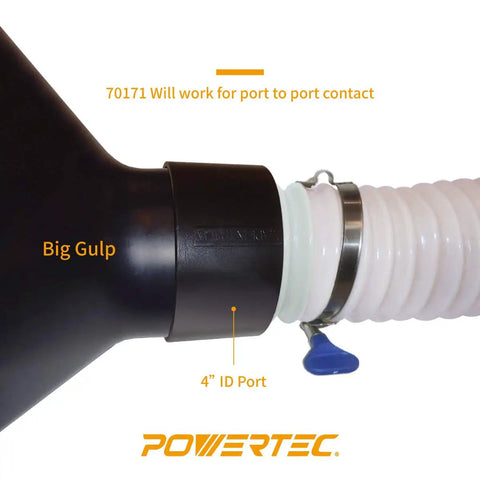 Pro Grade Threaded Dust Collection Quick Coupler Adapter Connects Standard 4 Inch Ports To 2.5 Inch Hoses With A Slick Right Hand Fit And No Sweat Setup close-up of hose adapter with 4 inch ID port.
