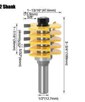 Adjustable Box Joint Router Bit With Five And Three Flutes And Half Inch Shank for precision wood tenon joinery, shown with dimensions.