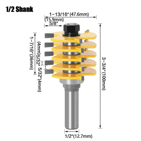 Adjustable Box Joint Router Bit With Five And Three Flutes And Half Inch Shank for precision wood tenon joinery, shown with dimensions.