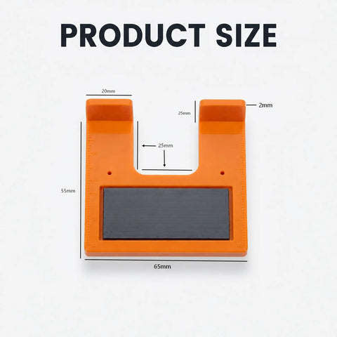 Pro Grade Rock Solid Magnetic Cabinet Hinge Jig With Exact Two Millimeter Gap Spacer Tool For Zero Headache Kitchen Cabinet Door Alignment And Furniture Projects size dimensions in millimeters with orange and black material.