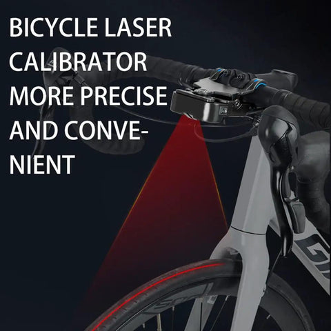 Badass Bicycle Laser Calibrator And Saddle Positioner Bike Tool With Integrated Charging Port illuminating bike handlebar alignment.