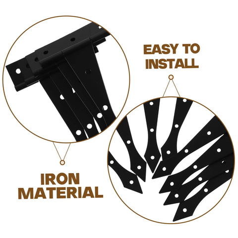 Eight black iron cabinet hinges with screw holes; front view for doors on kitchen cabinets and outdoor structures.