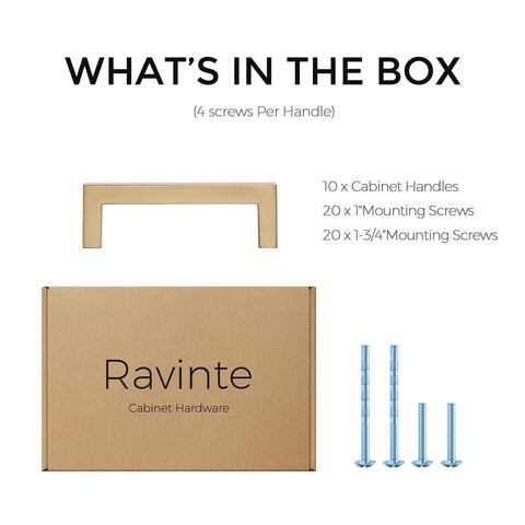 What's in the box for Champagne Bronze Slim Cabinet Handles 10 Pack Solid Square Bar Drawer Pulls for Kitchen Cabinets
