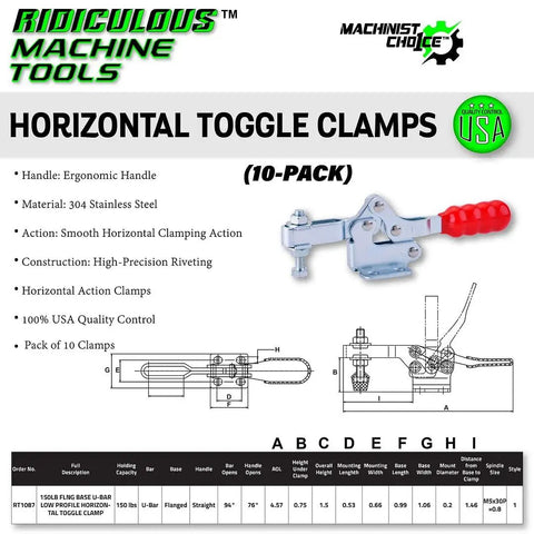 Bulk Ten Pack Low Profile Toggle Clamps Deliver Rock Solid Hold On Any Shop Project Featuring Smooth Horizontal U Bar Action Flanged Steel Base And Ergonomic Grip Designed For Quick Reliable Fastening Built Tough Made In Usa
