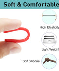 Grippy Anti Slip Silicone Eyeglass End Tips 8 Pairs Replacement Temple Tips For Thin Metal Frames Soft Ear Sock Pieces Glasses Retainer Tubes Black Red Compatible With Slim Eyeglass Legs, showing close-up of red silicone material being flexed to demonstrate elasticity and comfort features.