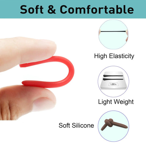 Grippy Anti Slip Silicone Eyeglass End Tips 8 Pairs Replacement Temple Tips For Thin Metal Frames Soft Ear Sock Pieces Glasses Retainer Tubes Black Red Compatible With Slim Eyeglass Legs, showing close-up of red silicone material being flexed to demonstrate elasticity and comfort features.