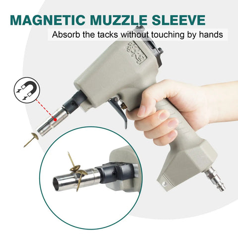 Pneumatic Decorative Nail Gun 7 16 Inch Deco Tack Nailer for Sofa Upholstery with magnetic muzzle sleeve detail.