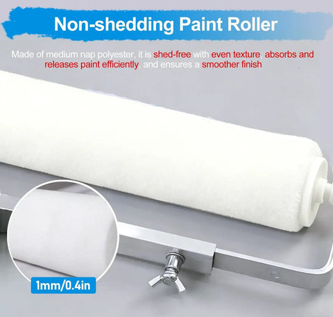 Non shedding paint roller made of medium nap polyester, 18 inch size for smooth application of heavy duty latex or oil coatings.
