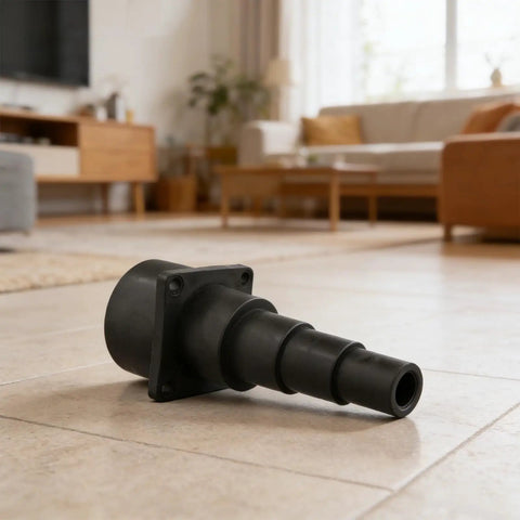 Get Ready To Suck Up Dust With This Awesome Wet Dry Shop Vac Adapter lying on tiled floor, showcasing the tapered plastic design.