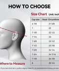 Size chart and head diagram for Reversible Welding Cap for Welders, Thick 10 Oz Fireproof Cotton Beanie with 8-Panel Protection, Size 7 1/4.