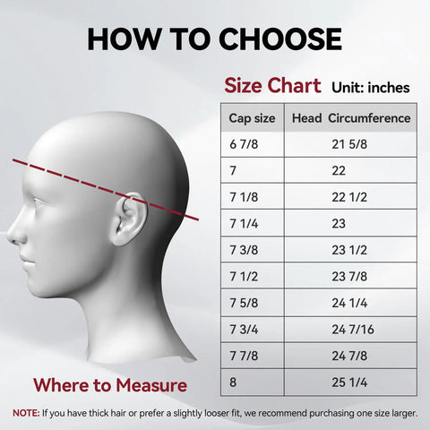Size chart and head diagram for Reversible Welding Cap for Welders, Thick 10 Oz Fireproof Cotton Beanie with 8-Panel Protection, Size 7 1/4.