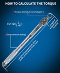 Illustration showing torque calculation with a wrench, featuring text on torque settings related to Metric 10 Piece Torque Adapter Set For Three Eighths Inch Drive Wrenches, 12 Point Box End Extensions From 10mm To 19mm, Ideal For Torquing Bolts Or Nuts In Tight, Hard To Reach Areas.