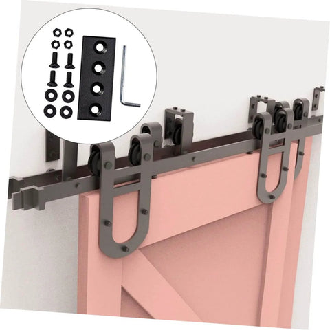 Carbon Splicing Piece Barn Door Track Connector Plate Kit No Fuss Install For Smooth Operation Easy Rail Assembly Track Fixing Bracket Flat Mending Repair Plate Quiet Durable Barn Door Sliding System Upgrade For Home Use installed on wooden barn door.