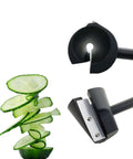 2-piece handheld spiral vegetable slicer with black handles and metal blade, shown with cucumber spiral slices