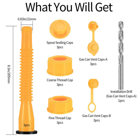 Gas Can Spout Replacement Kit With 19 Pcs Nozzles For One Half, Five, Ten Gallon Cans, Bendable Spouts, Vent Caps, Drill Bits