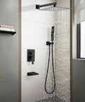 Shower Faucet Set, Matte Black 10-Inch Rain Head with Handheld and Valve in modern bathroom with water flowing from shower.