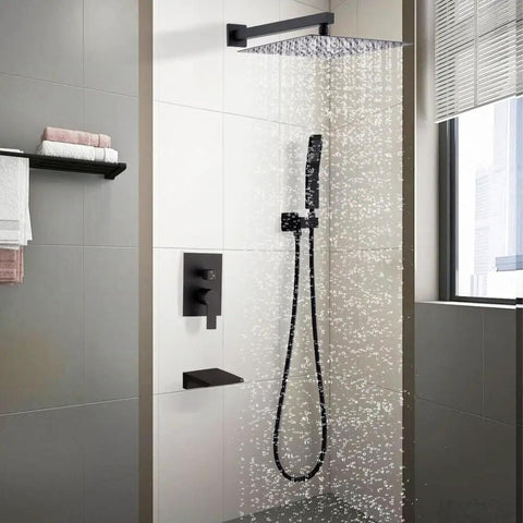 Shower Faucet Set, Matte Black 10-Inch Rain Head with Handheld and Valve in modern bathroom with water flowing from shower.