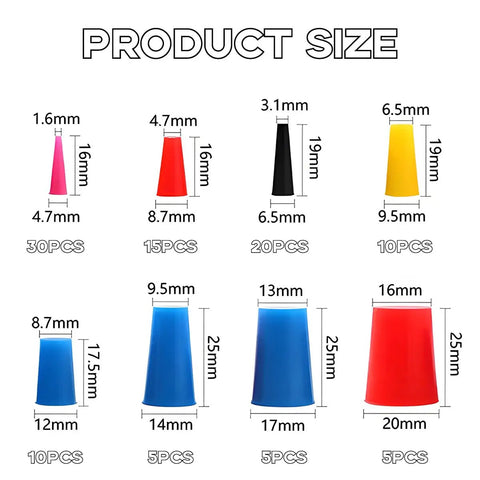 Silicone Tapered Plugs Set, Pro Grade High Temperature Resistant Stoppers Assortment displaying various sizes and colors for sealing