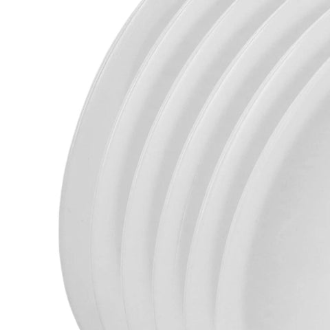 Flexible Hole Saw Dust Bowl Uses A Stretchy Rubber Gasket To Form An Airtight Seal Around Drill Bits And Sweetly Bag Up Fine Drywall Dust So Spaces Stay Pristine Through Every Remodel Job, showing a stack of white plates.