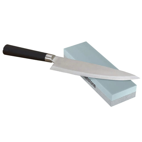 Two Sided Knife Sharpener Stone Dual 400 And 1000 Grit Wet Block with kitchen knife on top