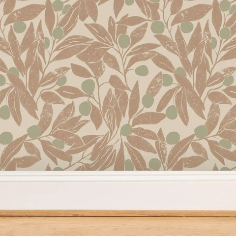 Top Shelf Rustic Botanical Vinyl Wallpaper With Subtle Leather Texture Heavy Duty Wallcovering showing botanical leaf pattern in beige and green.