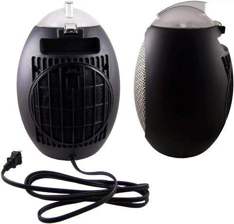 Back and side view of Eco Save Compact Personal Space Heater With 750 Watts ETL Listed Eco Friendly And Energy Efficient Ceramic Heating Element, Space Saver 11 Inch By 7.5 Inch Portable 5 Pound Black Heater For Home Office