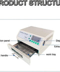 Pro Grade Reflow Oven For SMD SMT PCB Soldering, 800W Infrared Heater With Auto Soldering operation panel and tray